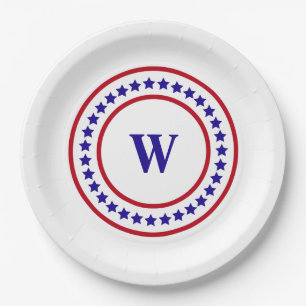 Monogram Red White and Blue Stars Patriotic Paper Plate