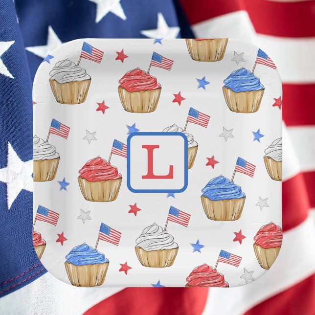 Monogram Red White Blue Cupcake Flag Star Preppy Paper Plate (Creator Uploaded)