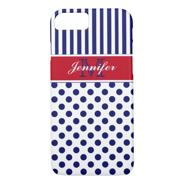 Monogram Red White Blue Striped Dots iPhone 7 Case (Back)