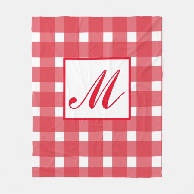 Monogram Red White Gingham Pattern Fleece Blanket (Front)