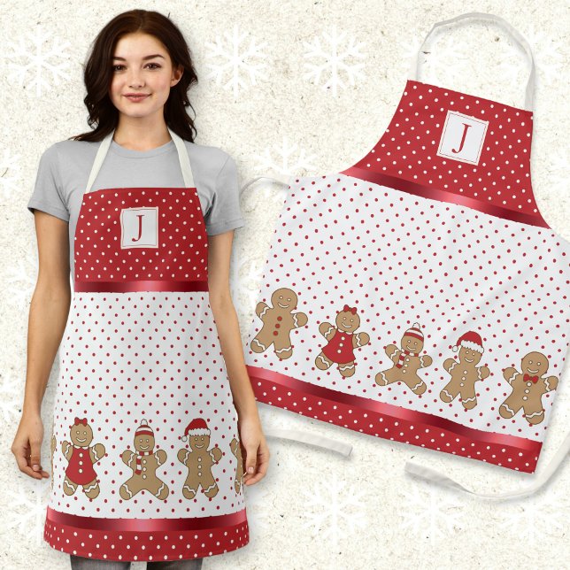Monogram Red & White Polka Dot Gingerbread Xmas Apron (Creator Uploaded)