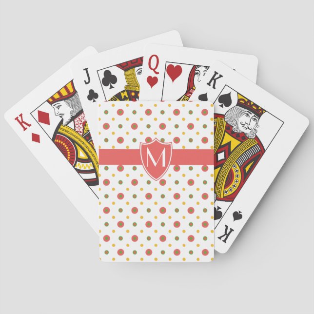 Monogram Red White Polka Dots Playing Cards (Back)