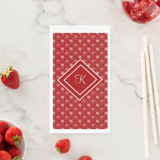Monogram Red White Snowflake Christmas Holiday  Napkin (Insitu)