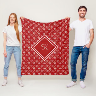 Monogram Red White Snowflake Holiday Christmas Fleece Blanket