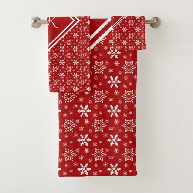 Monogram Red White Snowflake Winter Holiday  Bath Towel Set (Insitu)