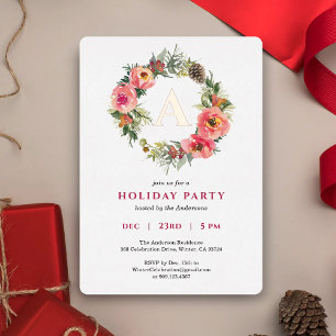 Monogram Red Wreath Botanical Christmas Party Gold