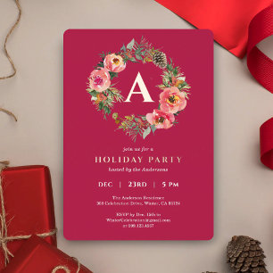 Monogram Red Wreath Botanical Christmas Party Gold