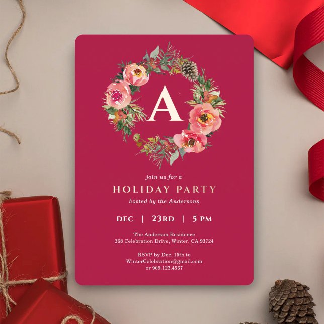 Monogram Red Wreath Botanical Christmas Party Gold (Creator Uploaded)