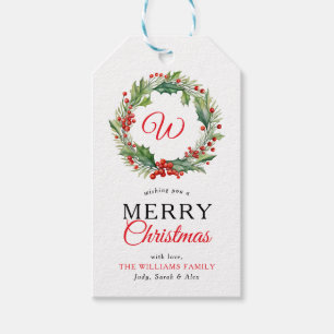 Monogram Red Wreath Merry Christmas Photo Gift Tags