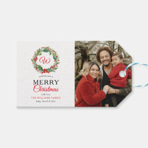 Monogram Red Wreath Merry Christmas Photo Gift Tags
