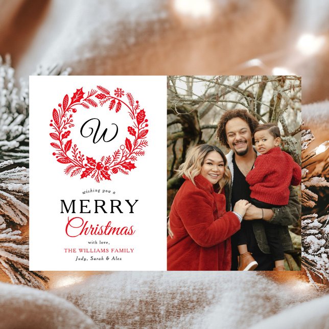 Monogram Red Wreath Merry Christmas Photo Holiday Card (Creator Uploaded)