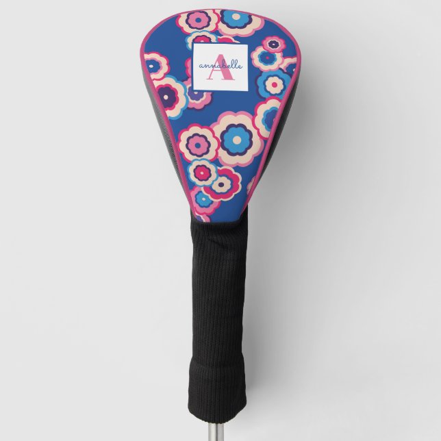 Monogram Retro 60's Blue Pink Flower Power Pattern Golf Head Cover (Front)