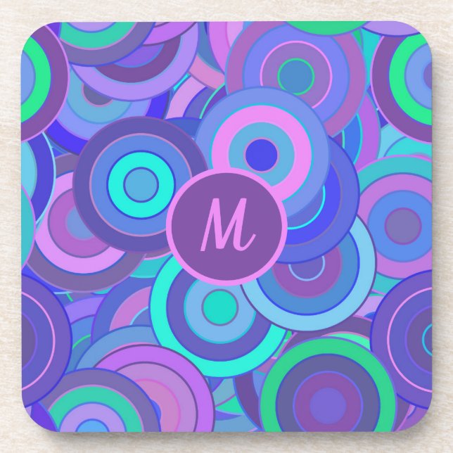 Monogram Retro 60s Psychedelic Circles Pattern Coaster (Front)