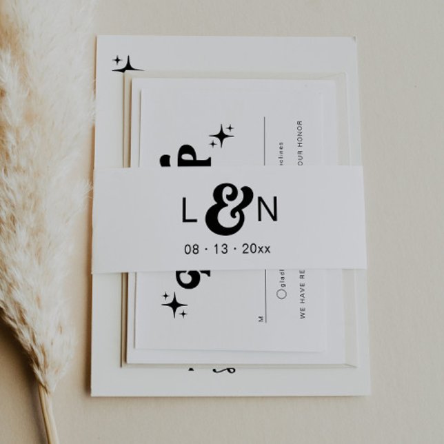 Monogram Retro 70's Black And White Belly Band  Invitation Belly Band (Creator Uploaded)