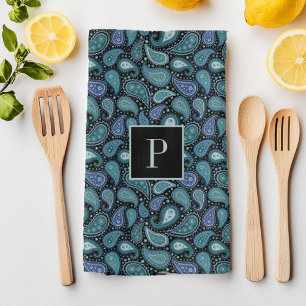 Monogram Retro Blue Paisley Pattern Tea Towel