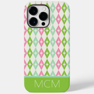 Monogram Retro Christmas Diamonds Pink & Green Case-Mate iPhone 14 Pro Max Case