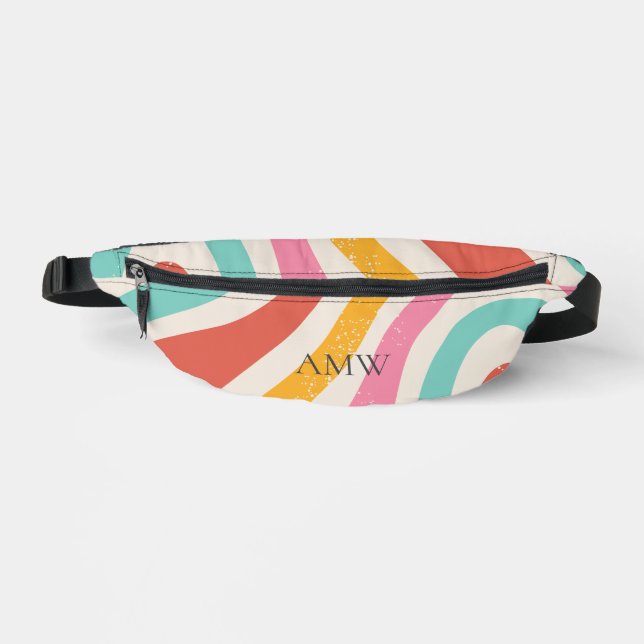Monogram Retro Colorful Wavy Stripes Fanny Pack (Front)