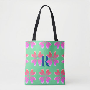 Monogram retro floral green pink tote bag