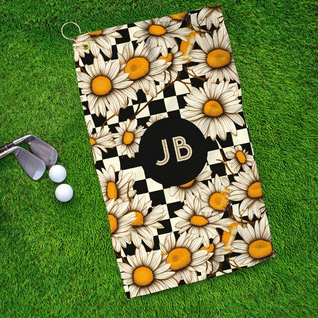 Monogram Retro Groovy Daisy Chequerboard Golf Towel (Creator Uploaded)