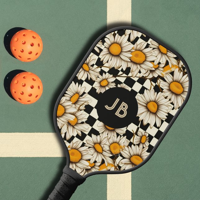 Monogram Retro Groovy Daisy Chequerboard Pickleball Paddle (Creator Uploaded)