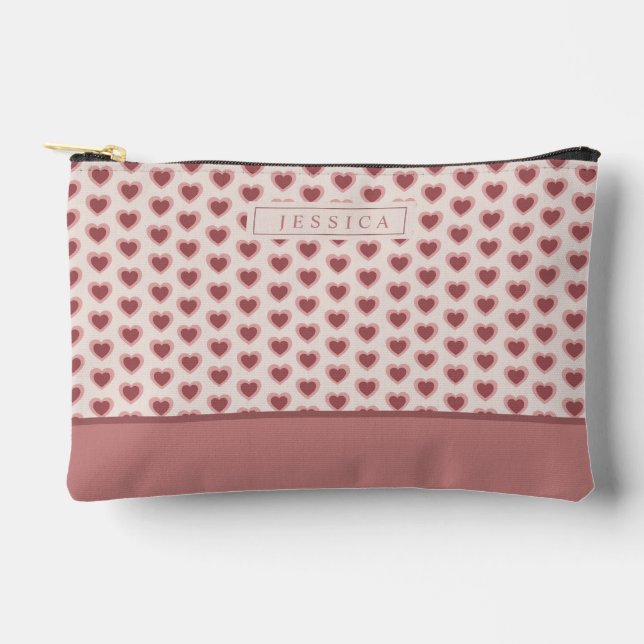 Monogram Retro Hearts Pink Burgundy Accessory Pouch (Front)