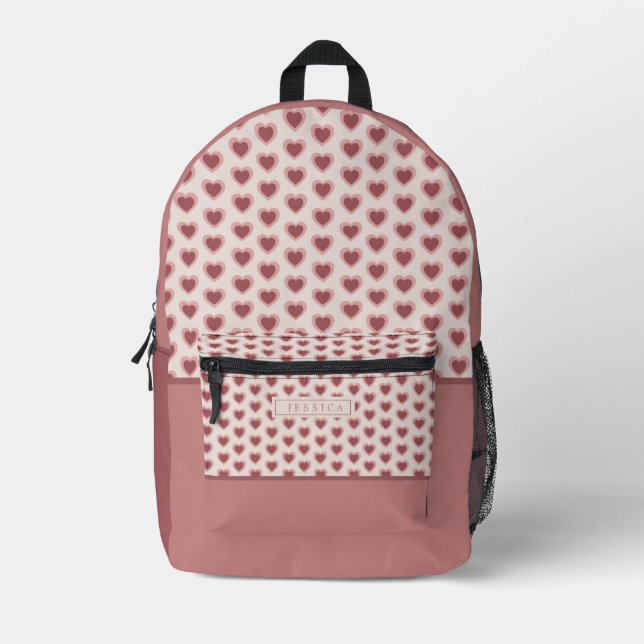 Monogram Retro Hearts Pink Burgundy Printed Backpack (Front)