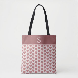 Monogram Retro Hearts Pink Burgundy Tote Bag