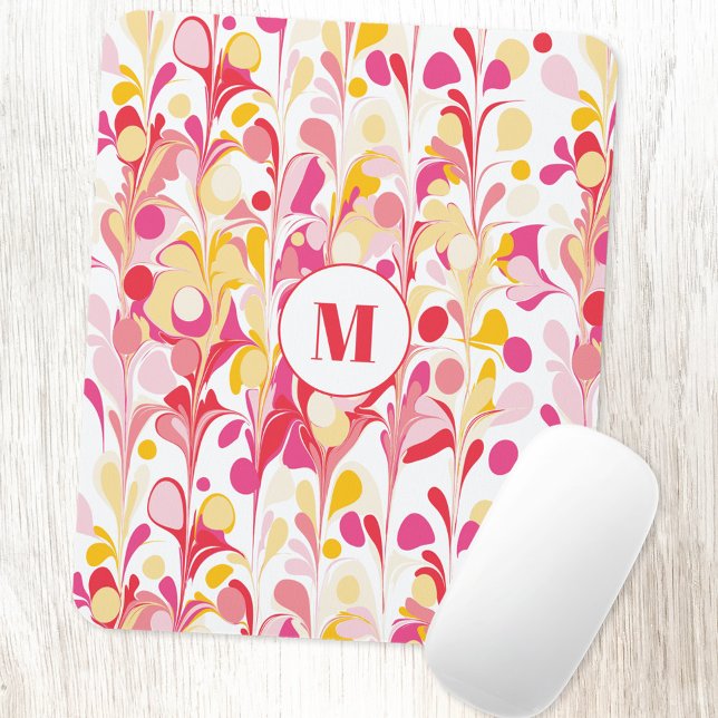 Monogram Retro Marble Abstract Pattern Pink Mouse Pad (Modern retro pink yellow marble pattern personalized monogram initial mousemat)