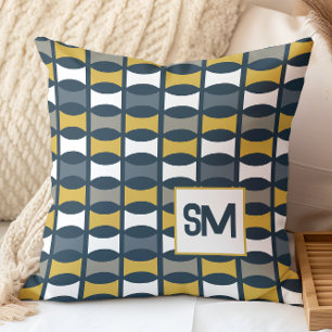 Monogram Retro Mid Century Geometric Navy, Mustard Cushion