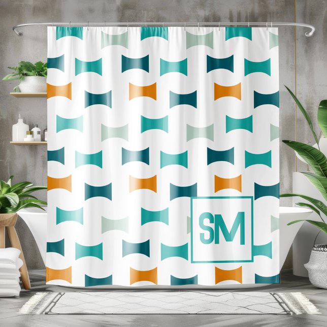 Monogram Retro Mid Century Geometric Pattern Shower Curtain (Creator Uploaded)