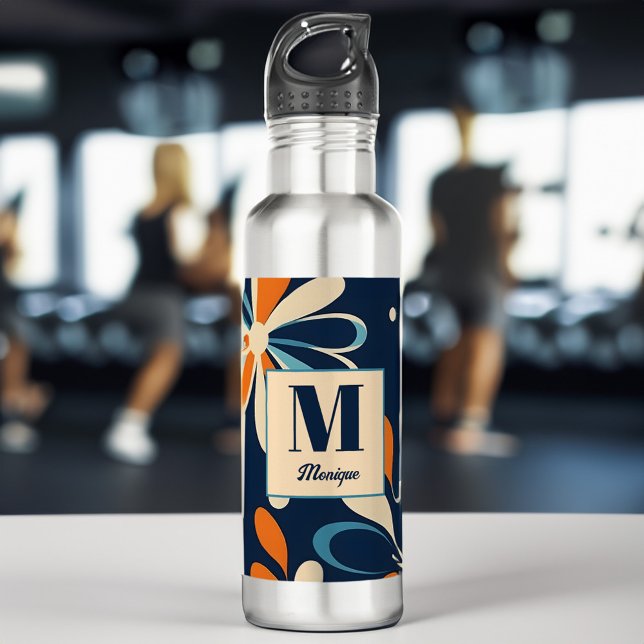 Monogram retro midcentury teal daisy gifts 710 ml water bottle (Monogram retro midcentury teal daisy bridesmaid gifts personalized water bottle bridal party favors)