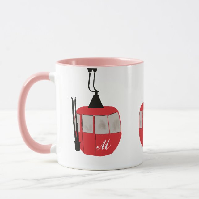 Monogram Retro Red Ski Gondola Lift Personalised Mug (Left)