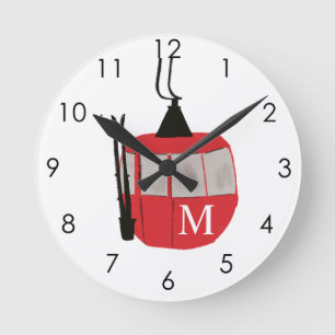 Monogram Retro Red Ski Gondola Lift Personalized Round Clock