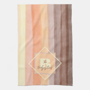 Monogram retro stripes fall yellow orange brown  tea towel