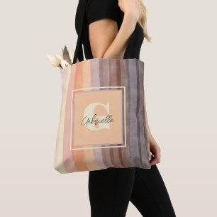 Monogram retro sunset stripe boho watercolor ombre tote bag