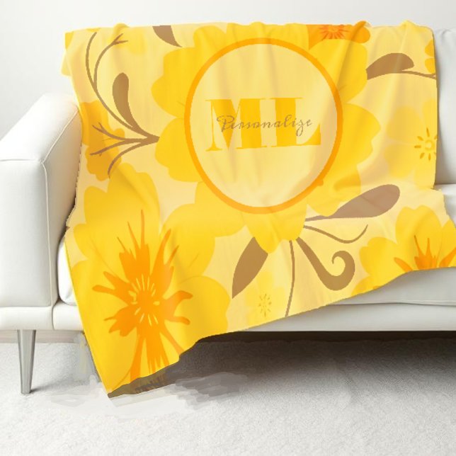 Monogram Retro Sunshine Florals-Yellow Flowers Sherpa Blanket (Monogram Retro Sunshine Flowers-Butter yellow, tangerine orange and mocha mousse-throw blanket)