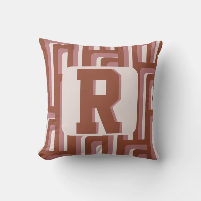 Monogram Retro Terracotta Geometric Pattern Cushion (Front)