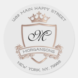 Monogram Return Address Crown Royal Rose Grey Classic Round Sticker