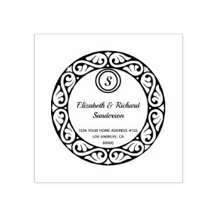 Monogram Return Address in Ornate Scroll Circle Rubber Stamp