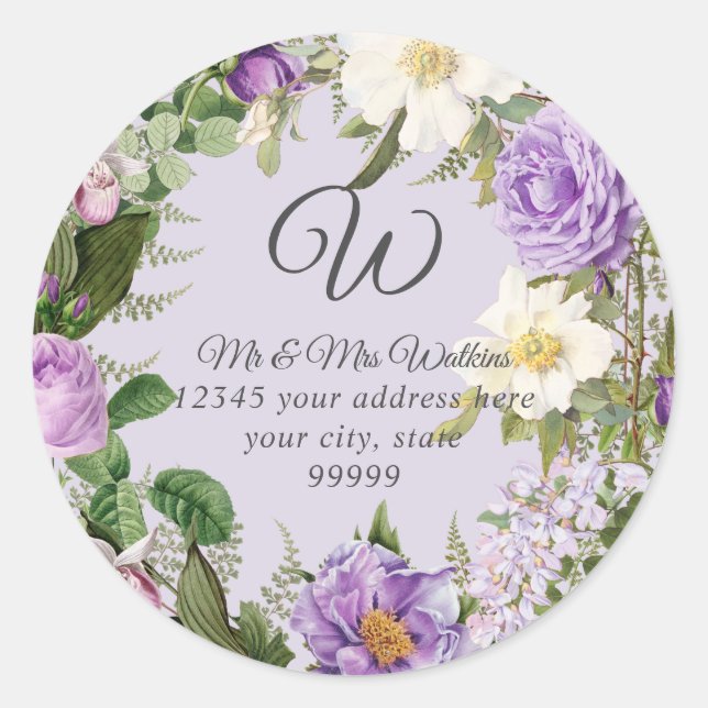 Monogram Return Address Lavender Peony Roses Classic Round Sticker (Front)