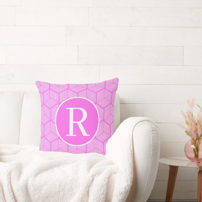 Monogram RF Classic Serif Pink Striped Cubes Cushion (Couch)
