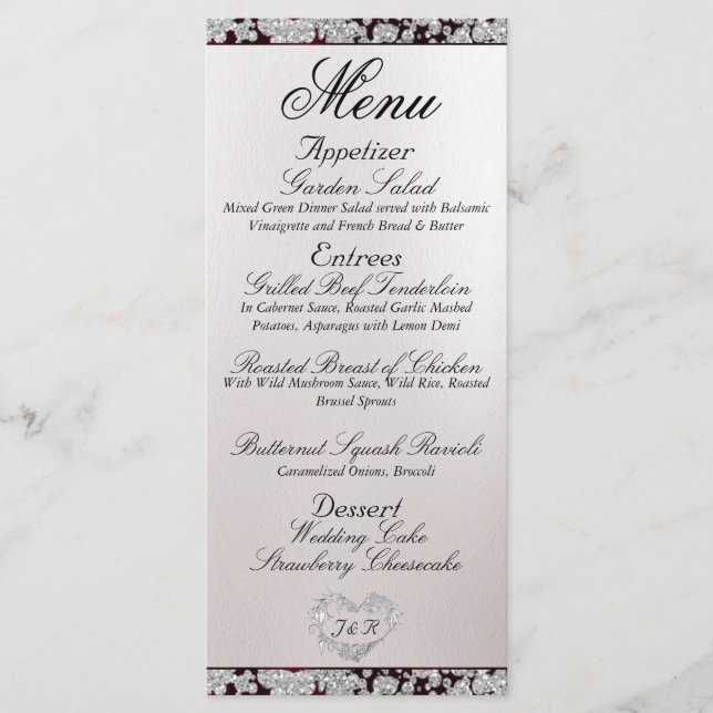 Monogram, Ribbon & Glitter - Burgundy Wedding Menu (Front)