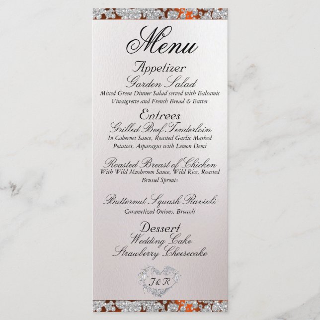 Monogram, Ribbon & Glitter - Copper Wedding Menu (Front)