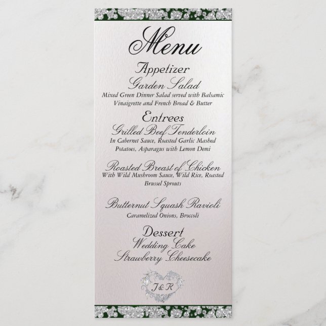 Monogram, Ribbon & Glitter - Emerald Wedding Menu (Front)