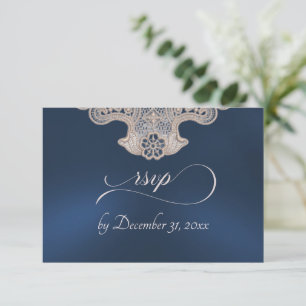 Monogram, Ribbon & Lace - Dark Blue RSVP Card