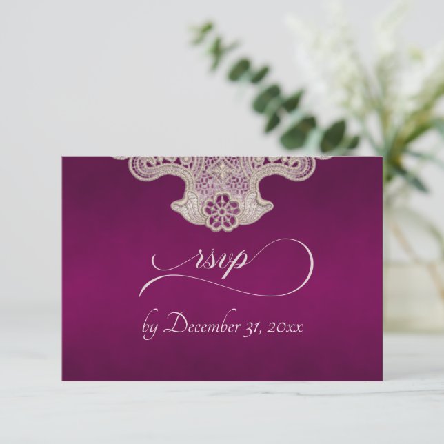 Monogram, Ribbon & Lace - Plum RSVP Card (Standing Front)