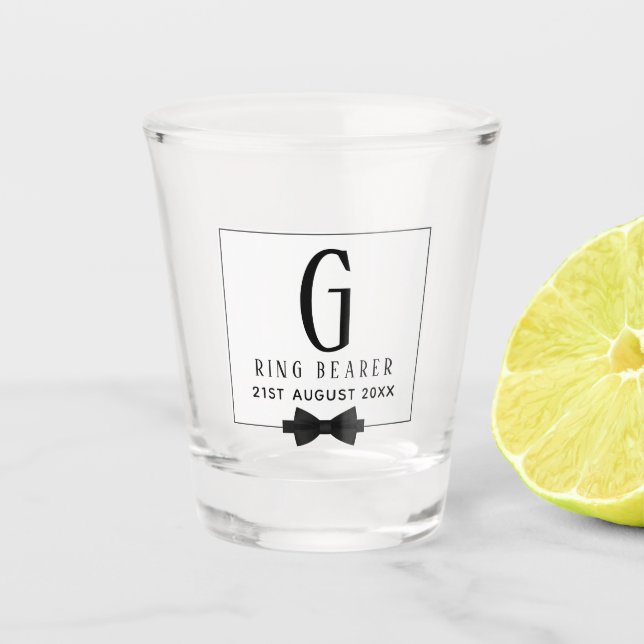 Monogram Ring Bearer Black White Bow Tie Groomsman Shot Glass (Front)