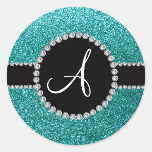Monogram robin egg blue glitter diamond circle classic round sticker