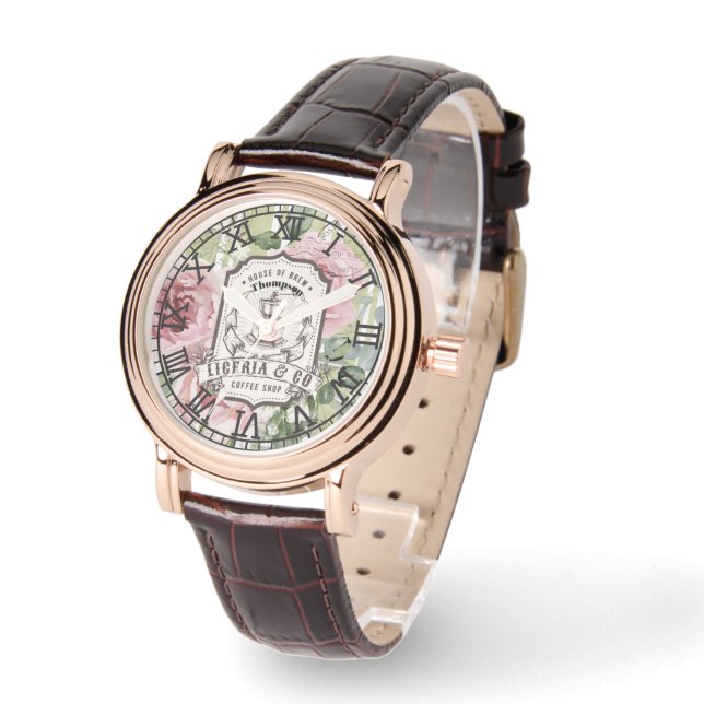 Monogram romantic pink and green botanical French Watch (Angle)