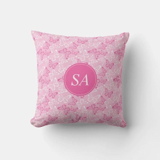 Monogram Romantic Pink and White Butterflies Cushion (Front)
